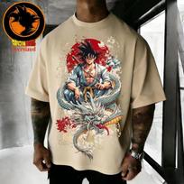 2026 m. vasaros Dragon Ball Retro grynos medvilnės vyriški marškinėliai Wukong ir Shenlong Oversized laisvalaikio marškiniai Unisex tėvų ir vaikų kostiumas 2XL gray