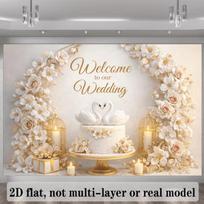 2D Luxury Wedding Welcome Backdrop, White Swan Cake and Gold Floral Arch for Reception Events 47.2x31.5inch/120*80cm white
