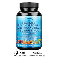 Sea Moss Black Seed Ashwagandha Burdock Root Capsules 120 Count — Daily Wellness, Nutritional Support, Mineral Support 120*1