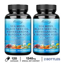 Sea Moss Black Seed Ashwagandha Burdock Root Capsules 120 Count — Daily Wellness, Nutritional Support, Mineral Support 120*2