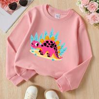 Kids Fall Winter Crew Neck Sweatshirt, Pink Spiky Dinosaur & Leaves Print 170 rožinė