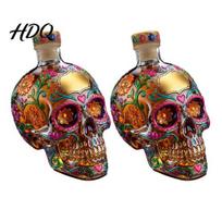 Ornate Skull Water Bottle Gothic Decanter Hand Painted Glass Liquor with Floral 3D Sculpted 2pcs