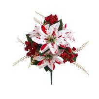 UV Resistant Artificial Poinsettia Bouquet Lush Leaves Realistic Poinsettia Berry Floral Bunch Pine Needle Fade Resistant gray