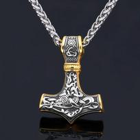 Vikingiškas nerūdijančio plieno mados stiliaus dvigubos vilko galvos Toro plaktuko pakabukas karoliai vyriški asmenybės žavesio papuošalai gray