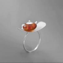 Retro Chinese S925 Silver Teapot Ring with Tea Culture Design white
