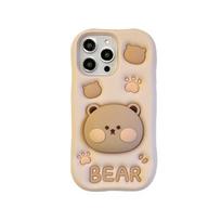 Žavingas 3D lokys paslėptas laikiklis stovas silikoninis telefono dėklas iPhone 11 12 13 14 15 16 Pro Max XS XR X 7 8 Plus mergaitės dangtelis iPhone 13 mini beige
