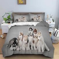 3D Husky Puppy Pattern Bedding Set, Cute Pet Dog Print Duvet Cover and Pillowcase, Suitable for Single/Double/King/King Beds AU Single 140x210cm gray