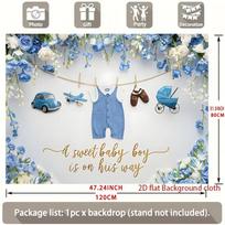 2D Baby Boy Backdrop with Blue Flowers, Car and Plane Photo Booth Background 47.2x31.5inch/120*80cm gray