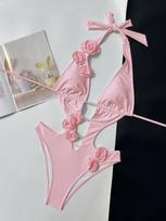 Vientisos spalvos kaklaraištis, papuoštas perlais ir gėlėmis, seksualus vientisas bikinis moterims M rožinė