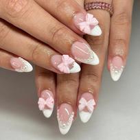 24Pcs Blush Pink Almond Press On Nails With 3D Bowknots Glossy Full Cover False Nail Tips Sweet For Women Girls
