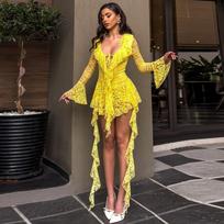 GD-European and American new women's clothing sexy spice girl lace deep V dress ruffle edge thin dinner dress women XL geltona