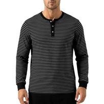Men's Striped Henley Long‑Sleeve Shirt, 3‑Button Placket, Contrast Crew Collar & Ribbed Cuffs, Soft Relaxed Fit Casual Daily Layering Top M tamsiai pilka spalva