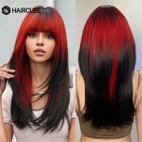 HAIRCUBE Ombre juodi sintetiniai perukai su raudonais kirpčiukais ilgų tiesių sluoksniuotų plaukų perukas moterims Cosplay Helovino karščiui atsparus perukas red