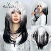 HAIRCUBE Ombre juodi sintetiniai perukai su raudonais kirpčiukais ilgų tiesių sluoksniuotų plaukų perukas moterims Cosplay Helovino karščiui atsparus perukas gray