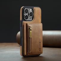 Užtrauktuku nuimamas magnetinis odinis telefono piniginės dėklas stovas iPhone 17 Air 16 15 Plus 13 12 Pro Max Samsung S26 S25 S24 Ultra Google kortelės lizdo dangtelis iPhone 17 Pro Max ruda
