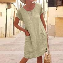 Women's Casual Color Stitching Short Sleeve Round Neck Large Swing Loose Pocket Cotton And Linen Dress XXL smėlis