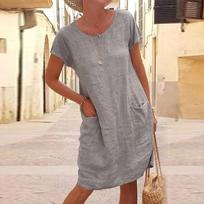 Women's Casual Color Stitching Short Sleeve Round Neck Large Swing Loose Pocket Cotton And Linen Dress XXL gray