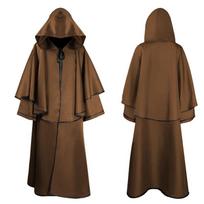 Unisex vintažinis su gobtuvu ir karoliukais apsiaustas su paminkštintais pečiais Cosplay ir pasirodymams One Size tamsiai ruda spalva