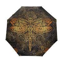 Psychedelic Dragonfly Folding Umbrella Trippy Boho Animal Compact Windproof Travel Umbrellas Rain for Adults Teens Kids Girls beige