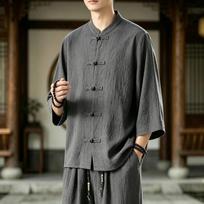 Vasariniai tradiciniai vyriški Hanfu marškiniai Kung Fu Tai Chi marškiniai vyrams trumpomis rankovėmis Tang kostiumo uniforminis marškinys vyriškas kinų stiliaus palaidinė 2XL tamsiai pilka spalva