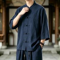 Vasariniai tradiciniai vyriški Hanfu marškiniai Kung Fu Tai Chi marškiniai vyrams trumpomis rankovėmis Tang kostiumo uniforminis marškinys vyriškas kinų stiliaus palaidinė 4XL tamsiai mėlyna