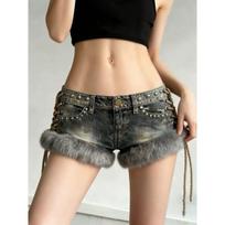 VIONA Y2k Spice Girl Washed Retro Fluff Splicing Rivet Denim Shorts Women's Low Waist Wide Leg Hot Pants M mėlyna