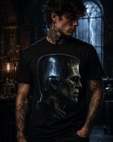Frankenstein Monster Gothic Laboratory Graphic Tee, Dark Sci Fi Horror Shirt L black