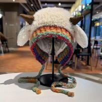 Women S Warm Knit Hat With Sounding Goat Horns Ears Ear Protection Coldproof Hat One Size smėlis