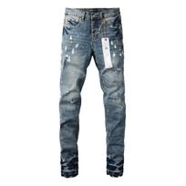 Nauji dažų taškų purslų džinsai vyriški slim-fit mažos klešnės retro mėlyni katės ūsai suplyšę madingas prekės ženklas chuliganas gražus ilgi M mėlyna