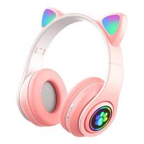 „Bluetooth 5.0“ ausinės su mikrofonu Mielos katės ausinės, belaidės / laidinės sulankstomos ausinės, žemos dažnio RGB kvėpuojančios lemputės berniukams / mergaitėms rožinė