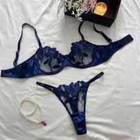 Maži, šviežių gėlių siuvinėti apatiniai, seksuali liemenėlė, sekso rinkinys moterims 23171 S mėlyna
