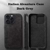 Itališkas Alcantara dėklas, skirtas iPhone 15 Pro Max Business Odinis telefono galinis dangtelis iPhone 16 Pro Max Magnetams MagSafe Grey iPhone 15 tamsiai pilka spalva
