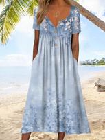 Moteriška vasarinė ilga suknelė V formos iškirpte, trumpomis rankovėmis, užsegama sagomis, maksi suknelė, kasdieninė, su raštais, boho stiliaus 5XL gray