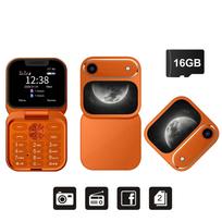 Mini atverčiamas mobilusis telefonas, dviejų SIM kortelių, 1,77  ekranas, Bluetooth rinkimas, magiškas garsas, FM radijas, žibintuvėlis, 2G GSM, mažas sulankstomas mobilusis telefonas with 16G TF Card oranžinė