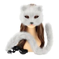 2 vnt. Therianų kaukė ir uodega moterims, mergaitėms, pliušinė katės, lapės, vilko kaukė, uodega, Cosplay, Helovino kostiumas, katės kaukė su uodega pilka