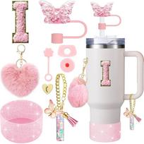 9PCS Accessory Set for Stanley Cup 30oz 40oz Butterfly Straw Cover Cap Silicone Boot Charm Initials Sticker Spill Proof Stopper white