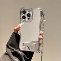 Sidabrinis Veidrodinis Laikiklis Telefono Dėklas iPhone 17 16 15 14 13 12 11 Pro Max, Kryžminė Grandinėlė, Smūgiams Atsparus Kietas PC Dangtelis iPhone17 Pro