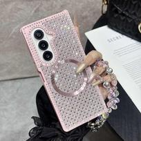 Case for Samsung Galaxy Z Fold 7 6 5 4 3 Magsafe Compatible Crystal Decor Beaded Wrist Strap Shockproof Cover Phone Bumpers Samsung Z Fold7 rožinė