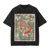 Japonijos karpiai Koi Žiedų vyšnios Marškinėliai Skalbti 100% medvilnės Marškinėlis Vintažinis vyrams moterims Streetwear Spausdinti Marškinėliai XXL gray