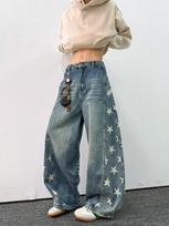 Design-inspired star-shaped curved knife jeans, American high street vintage men's and women's casual drapey loose wide-leg pants L mėlyna