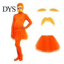 Viso kūno kostiumas Oranžinis bodis su tiulio sijonu, netikra pilvo dalimi, geltonais ūsais ir antakiais, suaugusiųjų spandex unitardas, atviras veidas Zentai kostiumas, 140cm A red