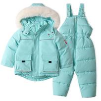 Vaikų slidinėjimo kostiumas Vėjui ir vandeniui atspari pūkinė striukė ir kelnės Sniego apranga Kombinezonai Vaikų pūkinės kelnės Parkas Minkšti šilti komplektai 120 mėlyna