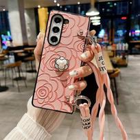 Odinis gėlių dėklas per petį telefonui Samsung Galaxy Z Fold 6 5 4 3 Fold6 Fold5 Fold4 Fold3 5G, kietas, atsparus smūgiams dangtelis Galaxy Z Fold5 rožinė