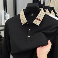 Prabangios kokybės vyriški polo marškinėliai Išskirtinė megzta apykaklė Raidžių spaudinys Ilgomis rankovėmis Rudens atlapotas T-shirt Verslo tendencija Vyriški drabužiai M juoda