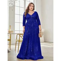 Nauja didelio dydžio vakarinė suknelė su blizgučiais ir ilgomis rankovėmis, gimtadienio suknelė, banketo vakarėlio suknelė Royal Blue European Size Is Too Large 4XL beige