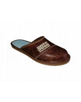 Men's covered slippers with the inscription  Boss , brown men's leather slippers 46 black