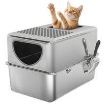 Stainless Steel Cat Litter Box XL Litter Box with Scoop Double Openings Easy to Clean Silver 60 x 39.6 x 40.1 cm