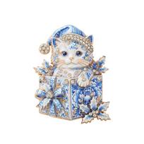 1Pcs Unisex 2-Color Rhinestone Gifts Box New Year Party Brooch Pins Lovely Christmas Cat Brooches For Women A2 white