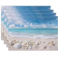 Ocean View Placemats with Starfish and Shells - Realistic Seascape Table Decor idea for Coastal Kitchen Dining Mats Easy Clean 4PCS gray