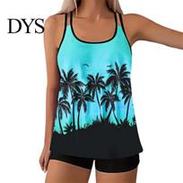 Beachwear 2Pcs/Set Tankini Set Removable Strap Chest Pad Adjustable Shoulder Breathable Swimsuit Straps Tops Elastic Waist Printed Swimming XL blue